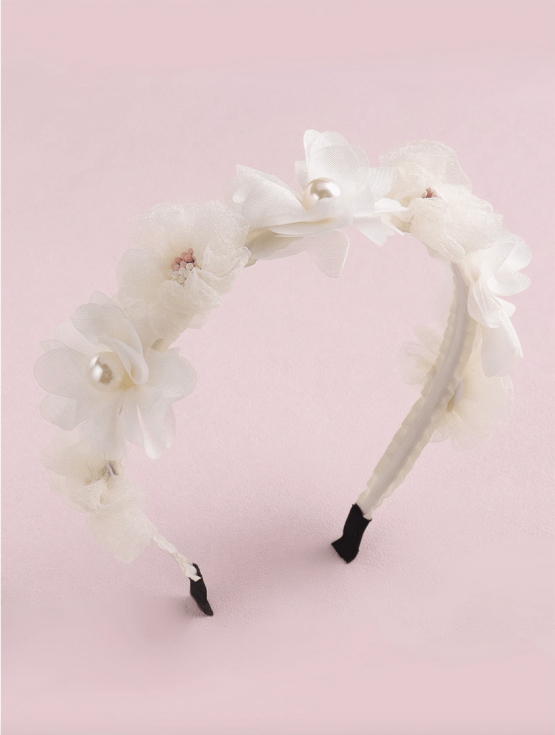 čelenka do vlasov pre dievčatá, krémová čelenka s kvietkami, elegantné doplnky pre dievčatá, čelenka na prijímanie, čelenka na krstiny, svadobné doplnky pre dievčatá, luxusné čelenky, detská čelenka s perlami